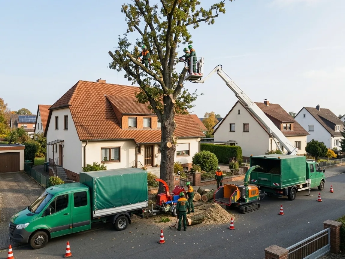 Baumf&auml;llung mit Hebeb&uuml;hne im Wohngebiet