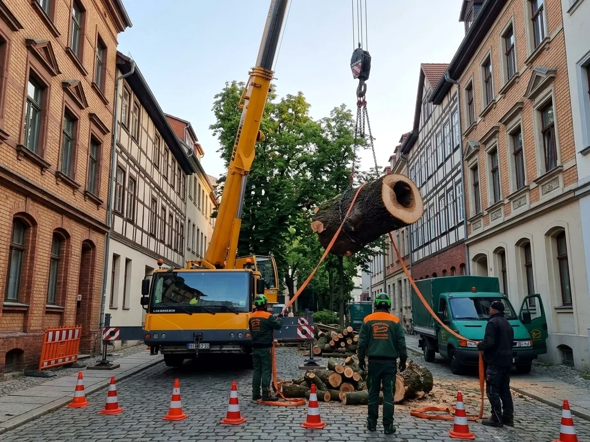 Baumf&auml;llung mit Autokran zwischen Altbauten