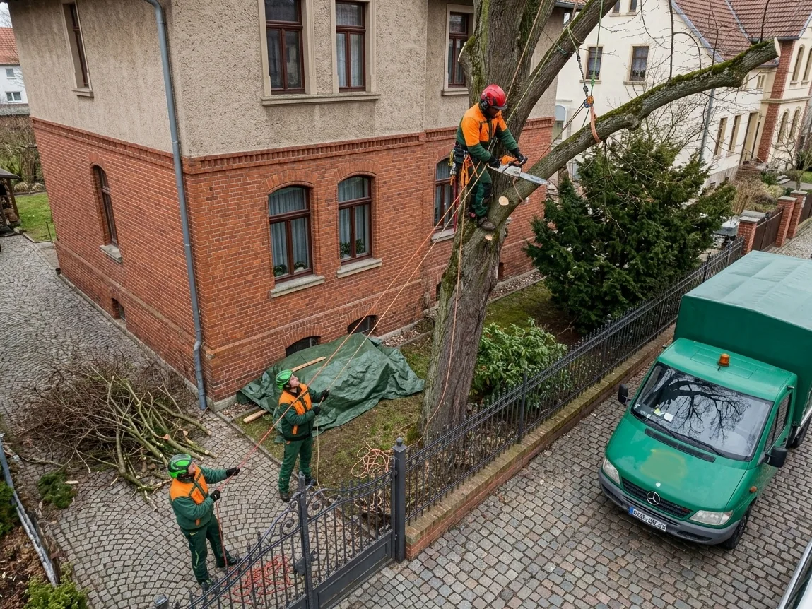 Baumf&auml;llung mit Seilklettertechnik im engen Vorgarten
