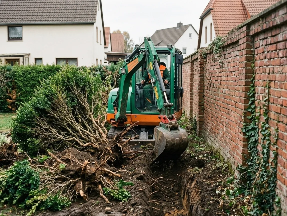 Heckenrodung mit Kompaktbagger