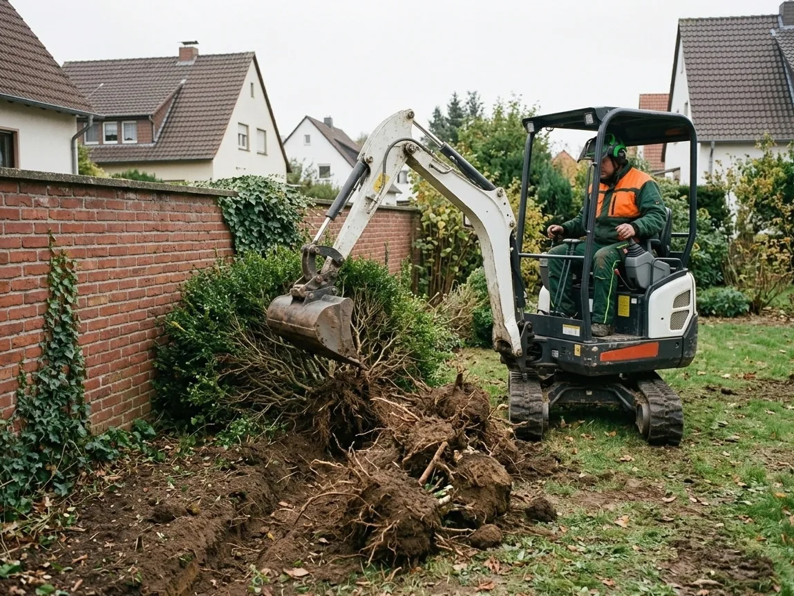 Heckenrodung mit Kompaktbagger