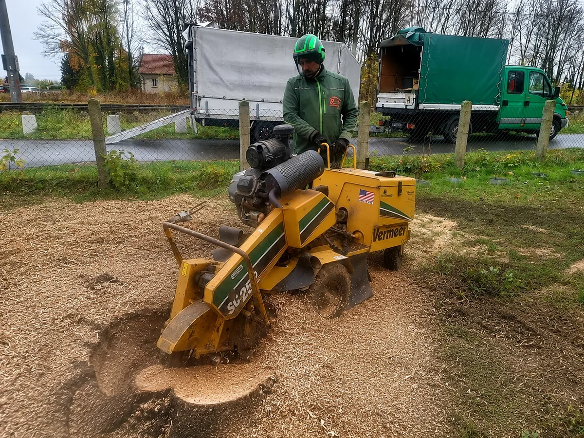 Stubbenfräsen im ländlichen Bereich, dahinter unsere Fahrzeuge fürs Häckseln und Abtransport