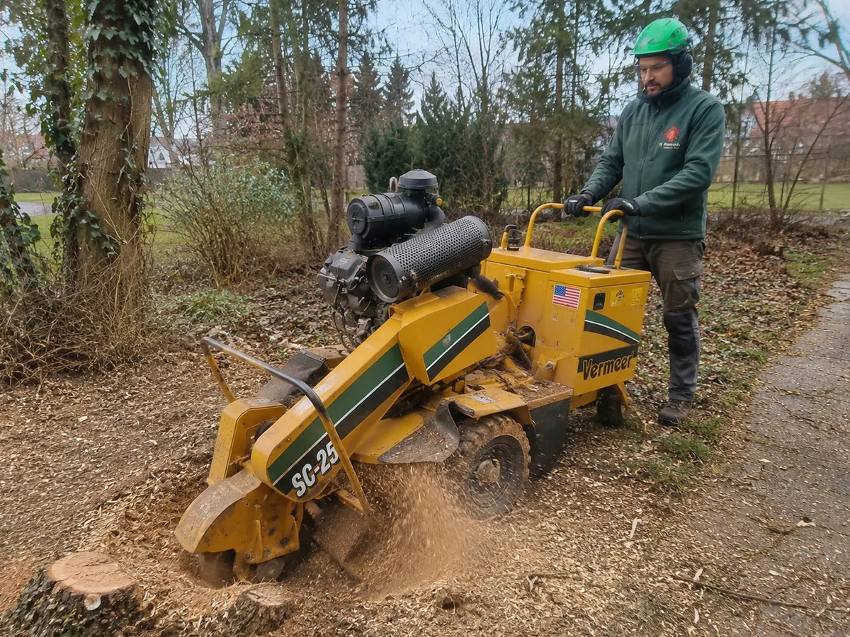 Vermeer SC-25 Stubbenfräse beim Wurzelfräsen an einer Gartenkante