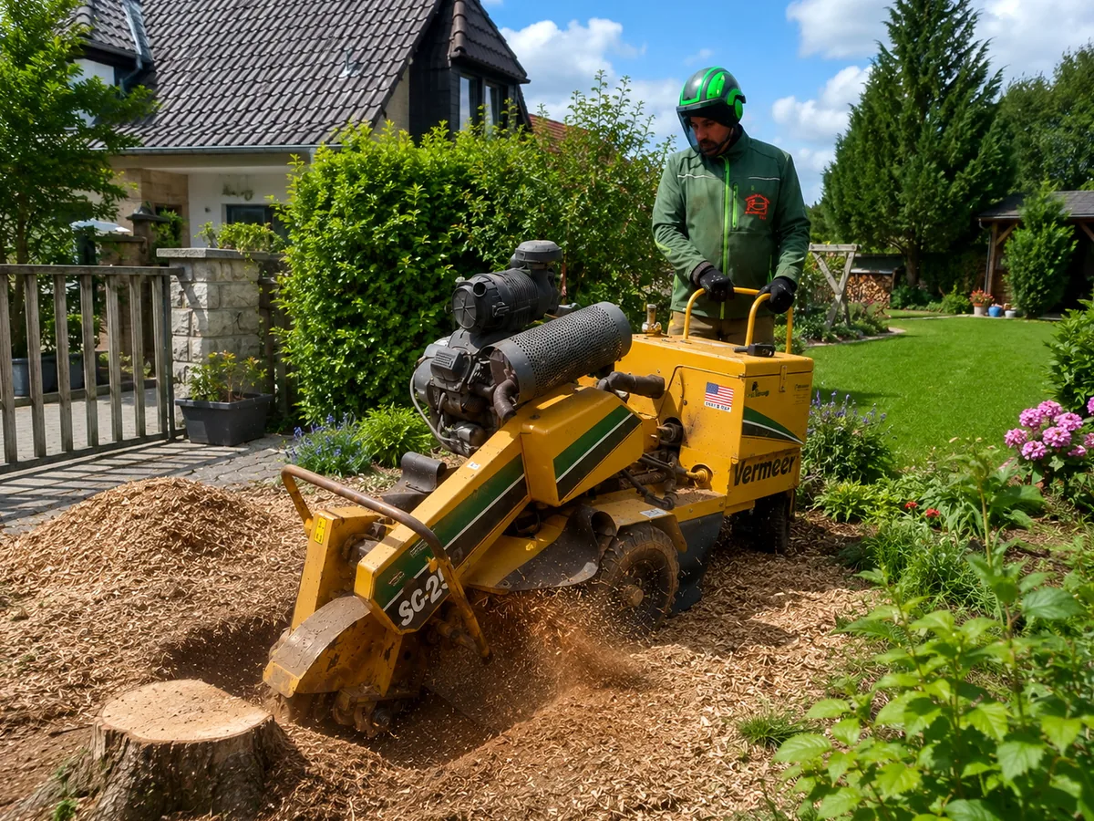 Baumstumpffräsen im Vorgarten eines Einfamilienhauses in Sachsen-Anhalt, Fräsgut-Haufen sichtbar